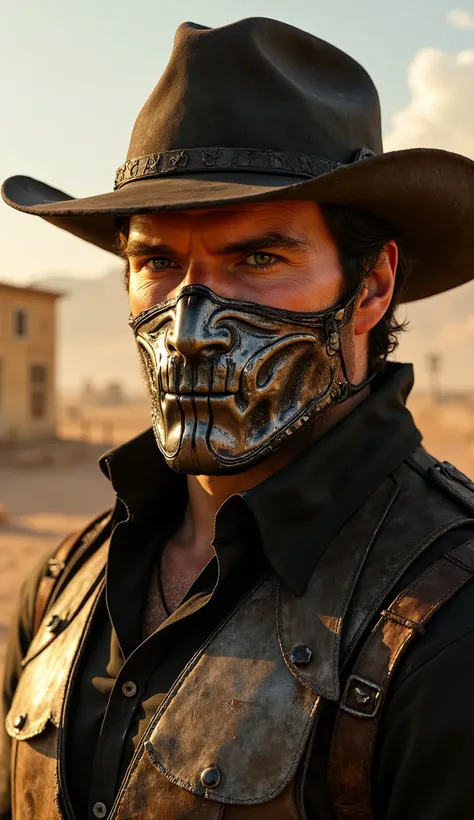 Here's a detailed warning to generate a super realistic image of Flux Henry Cavill as Erron Black, with a hat and a shiny metallic mask, focus on the upper body: "Close-up hiper-realista de Clint Eastwood como Erron Black, The ruthless gunslinger of * mor...