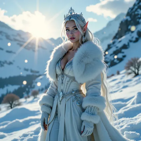 a beautiful fair Indian girl with silky hair standing at the mountain of ice wearing fluffy long coat and the crown of ice queen looks like ice queen at the one hand icequeen stick like bear and long snow shoes on her face smile her eyes are in the pose...