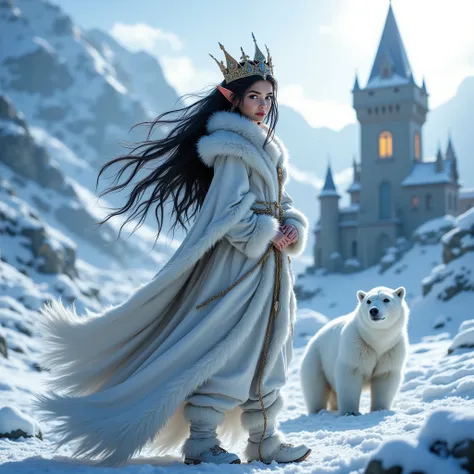 a beautiful fair Indian girl with silky hair standing at the mountain of ice wearing fluffy long coat and the crown of ice queen looks like ice queen at the one hand icequeen stick like bear and long snow shoes on her face smile her eyes are in the pose...