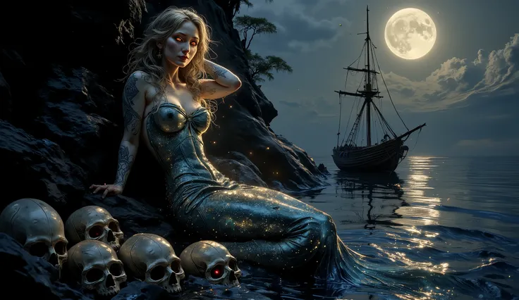 Imagine a mermaid of mesmerizing beauty, sitting on a shady rock rising from the deep waters of the sea. Her long, wavy hair floats around her, reflecting shades of blue and gold under the faint light of the moon. The mermaid has an enigmatic look, with ey...