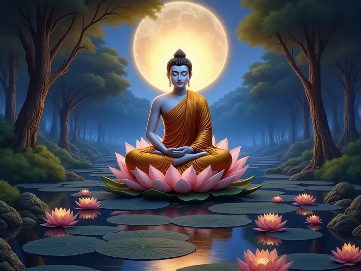 လပြည့်ည နှင့် ကြည်ညိုဖွယ်ရာမြတ်ဗုဒ္ဓ ကြာပွင့်ပေါ်မှာတရားထိုင်နေပုံ