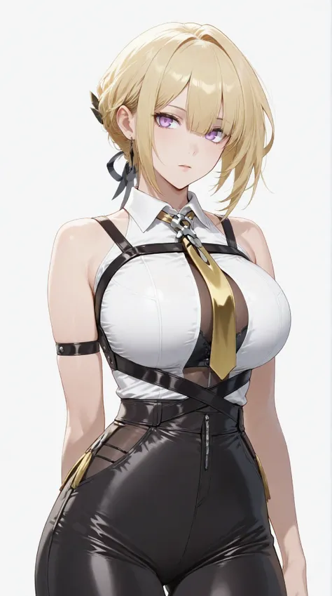 masterpiece, extremely detailed,perfect skin texture,4k,solo,1girl ,evelyn chevalier,full body,
purple eyes, blonde hair, short hair
collared shirt, white shirt, bare shoulders, yellow jewelry, yellow necktie, high-waist pants, arm strap, chest harness,mat...