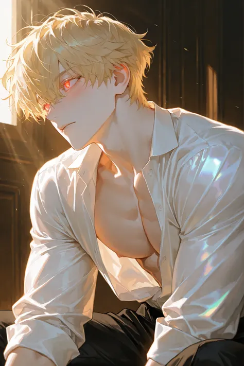 8k, beautiful masterpiece, 25 year old male, handsome, Messy Hair, Short hair, Two block perm hair, blonde hair, 1 man, male-centered, handsome man, Thick painted, red glowing eyes, Perfect Eyes, semi-realism art , semi-realism art style, looking out at ...