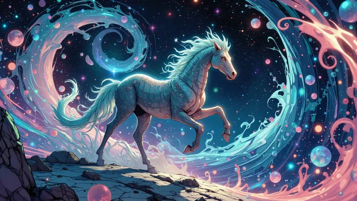 A mesmerizing, high-definition visual masterpiece depicts a seahorse-like entity galloping through the cosmos on a trail of twinkling stars. Against a vibrant backdrop of swirling spiral galaxies and fractal rectangles, this psychedelic space scene bursts ...
