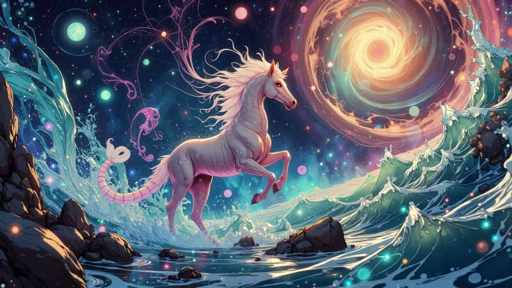 A mesmerizing, high-definition visual masterpiece depicts a seahorse-like entity galloping through the cosmos on a trail of twinkling stars. Against a vibrant backdrop of swirling spiral galaxies and fractal rectangles, this psychedelic space scene bursts ...