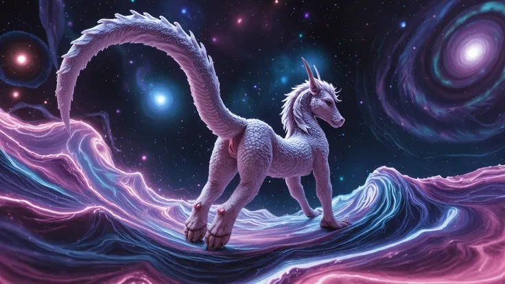 A mesmerizing, high-definition visual masterpiece depicts a seahorse-like entity galloping through the cosmos on a trail of twinkling stars. Against a vibrant backdrop of swirling spiral galaxies and fractal rectangles, this psychedelic space scene bursts ...