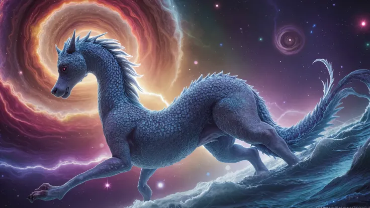 A mesmerizing, high-definition visual masterpiece depicts a seahorse-like entity galloping through the cosmos on a trail of twinkling stars. Against a vibrant backdrop of swirling spiral galaxies and fractal rectangles, this psychedelic space scene bursts ...