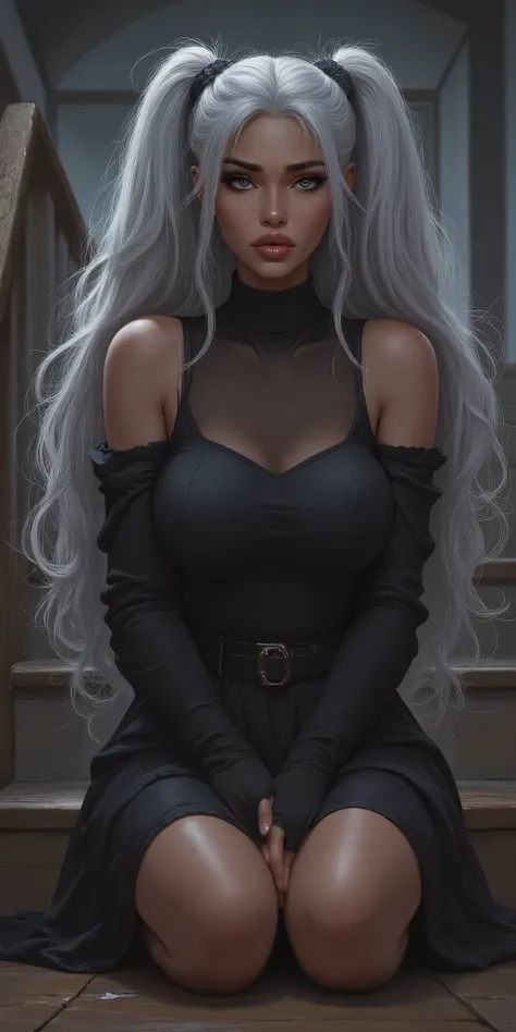 mixed race black , with silver white long hair two pigtails, she's on her knees, looking between stairway banister, sad