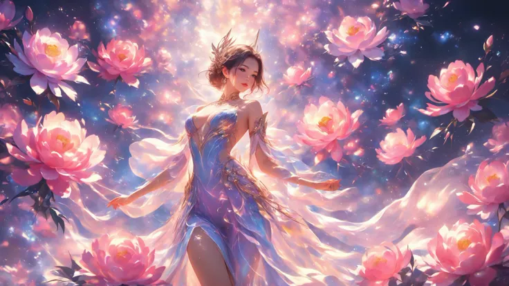 An ethereal feminine figure surrounded by bright and delicate peonies. The background is abstract, with soft shades of blue and lilac that blend perfectly, creating a fantasy atmosphere . The golden light illuminates the fluid dress of the figure, reflect...