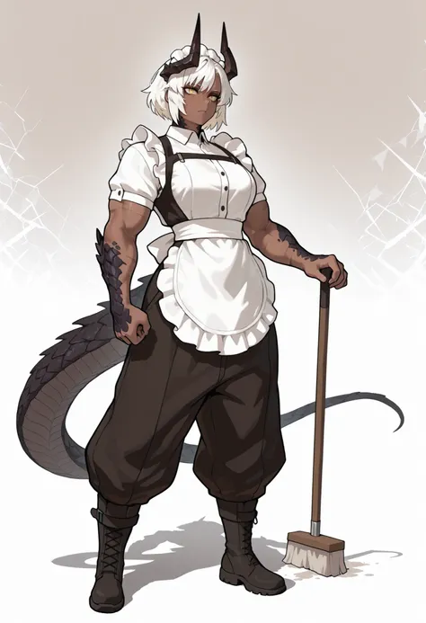 muscular creature, dark horns, yellow eyes, short spiky white hair, short hair, (wearing baggy pants:1.3), dark scales, dark pants, maid jacket, military boots, scales on arms and legs, scales on neck, calm pose, athletic, dark skin tone, BREAK background ...