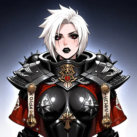 Adepta Sororitas with short white spikey hair, black lipstick and black eyeliner, goth look (Spiked hair)