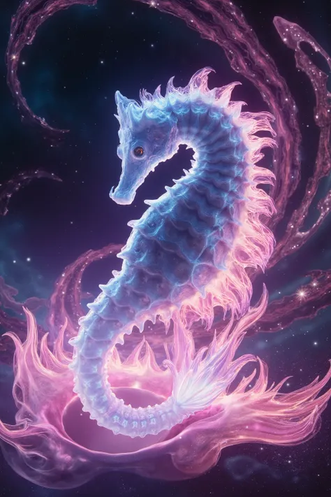 A mesmerizing, high-definition visual masterpiece depicts a seahorse-like entity galloping through the cosmos on a trail of twinkling stars. Against a vibrant backdrop of swirling spiral galaxies and fractal rectangles, this psychedelic space scene bursts ...