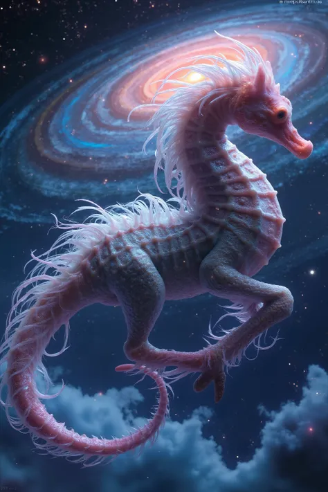 A mesmerizing, high-definition visual masterpiece depicts a seahorse-like entity galloping through the cosmos on a trail of twinkling stars. Against a vibrant backdrop of swirling spiral galaxies and fractal rectangles, this psychedelic space scene bursts ...