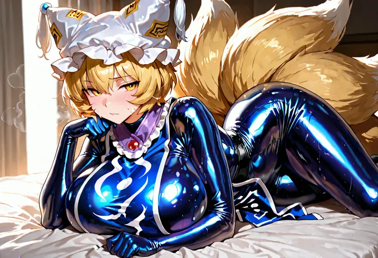 (masterpiece, Highest quality, Ultra-high resolution), yakumo ran, 1girl, yellow eyes, short hair, blonde hair, multiple tails, fox tail, fox ears, white headwear, (blue latex suit), The clothes fit perfectly, latex has a strong metallic sheen, Glossiness,...