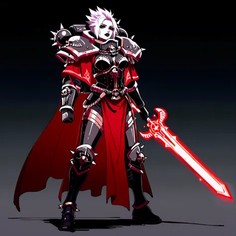 score_9, score_8_up, score_7_up, score_6_up, score_5_up, score_4_up Adepta Sororitas with short white spikey hair, black lipstick and black eyeliner, goth look (Spiked hair), full body weilding a glowing power sword warhammer 40k battle pose