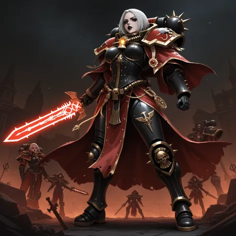 a muscular Adepta Sororitas with short length messy middle parted hair, black lipstick and black eyeliner, goth look (Spiked hair), full body weilding a glowing power sword warhammer 40k battle pose, has one robotic leg