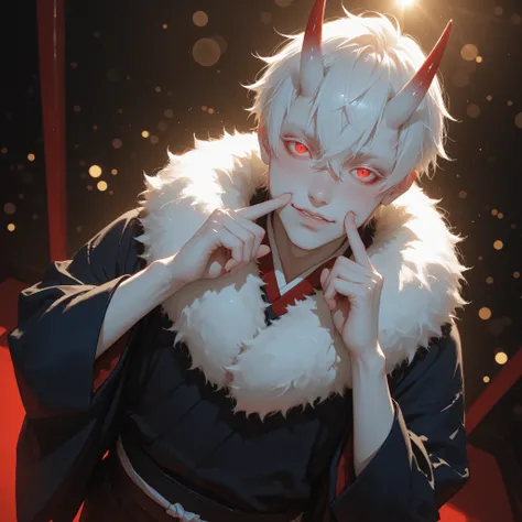 1boy,18,pale_skin,slender face,white hair,blush,long_eyelashes,oni_horns,thick eyebrows,short eyebrows,red eyes,hair_over_one_eye,slanted_eyes,glowing eyes,slit pupils,fur_collar kimono,tabi,short hair,kimono,,standing,emotions:,[fingersmile],[ok_sign], ba...
