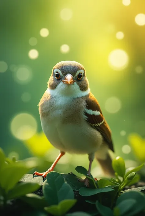 A mesmerizing close-up portrait of a gorgeous little bird illuminated by the soft, green light of a tranquil morning, with vibrant bokeh balls gently city its delicate form.