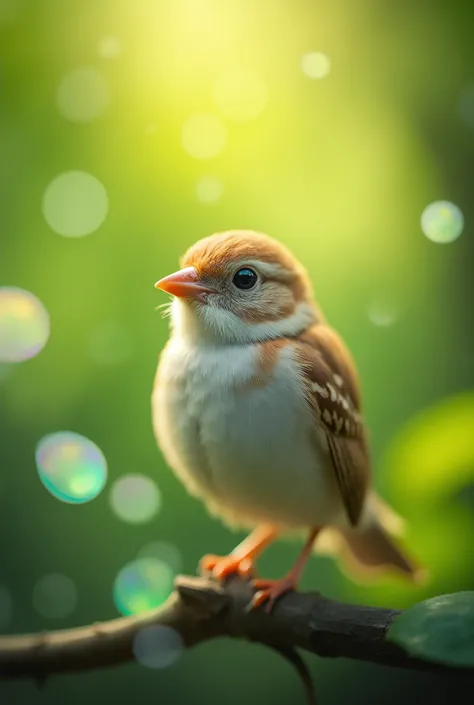A mesmerizing close-up portrait of a gorgeous little bird illuminated by the soft, green light of a tranquil morning, with vibrant bokeh balls gently city its delicate form.