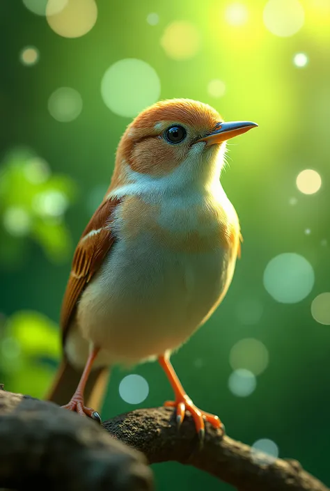 A mesmerizing close-up portrait of a gorgeous little bird illuminated by the soft, green light of a tranquil morning, with vibrant bokeh balls gently city its delicate form.