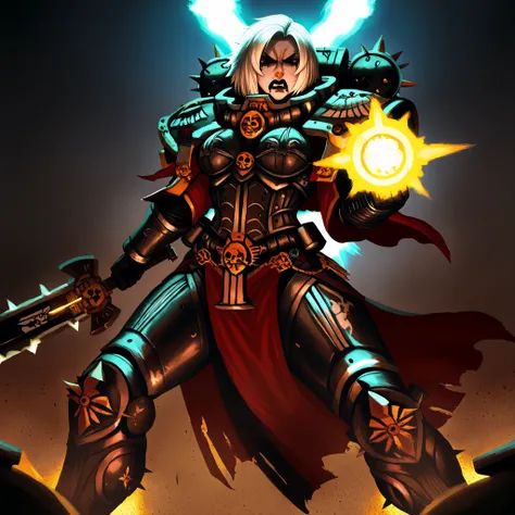 a solo alonemuscular Adepta Sororitas with white short length messy middle parted hair, black lipstick and black eyeliner, goth look (Spiked hair), wielding a glowing power sword Warhammer 40k battle pose, has one robotic leg (hair parted in the middle) an...