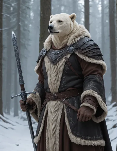 4K.HD、high resolution、A spectacular photograph of a polar bear wearing a Scandinavian warrior costume、Dark fantasy style details that shine like、sword、dark fantasy style detail that shines like air、全身high resolution, masterpiece, accurate, is anatomically ...
