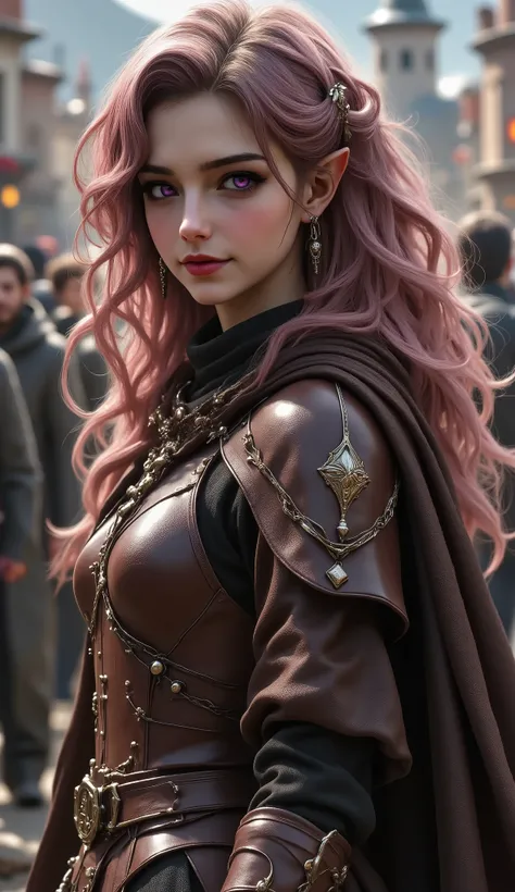 full body，Elf girl with curly rose gold hair、violet-colored eyes、pointed ears、bright eyes fishing up in the background，BIOLOGICALLY CORRECT、smile、medieval reddish brown leather armor、Dark brown cloak ，does not reveal skin，fine skin texture、long hair、Light、...