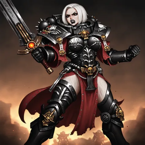 a solo alonemuscular Adepta Sororitas with white short length messy middle parted hair, black lipstick and black eyeliner, goth look (Spiked hair), wielding a glowing power sword Warhammer 40k battle pose, has one robotic leg (hair parted in the middle) an...