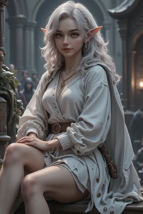 beautiful birch hair、short hair，Elf girl with glowing ivory eyes、dark fantasy、Sacred、pointed ears、BIOLOGICALLY CORRECT、smile、medieval white robe，cloak，I'm showing off my legs 、fine skin、long hair、light、reflection、beautiful legs ,  great detail of body and ...