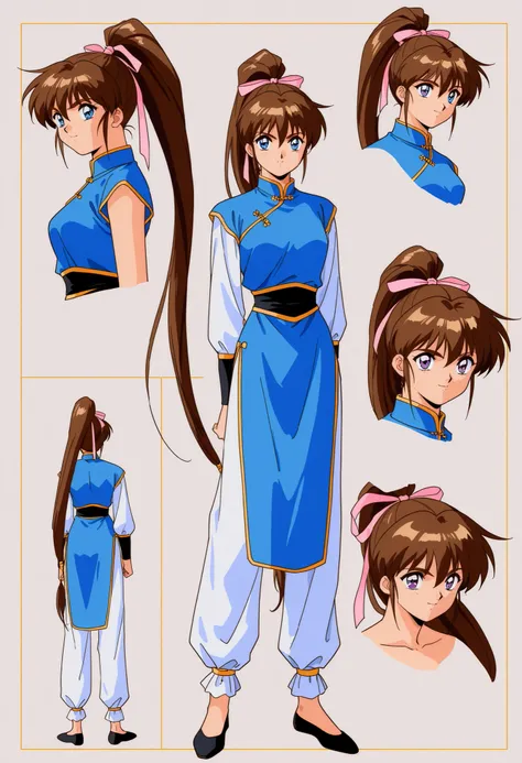 score_9, score_8_up, score_7_up,1990s \(style\),anime coloring,BREAK,1girl, Amatsu_Ai, brown hair, ponytail, very long hair, ribbon, hair ribbon, hair bow, breasts, blue eyes, bangs, purple eyes, high ponytail, full body,BREAK, ( chinese clothes  ),BREAK,m...