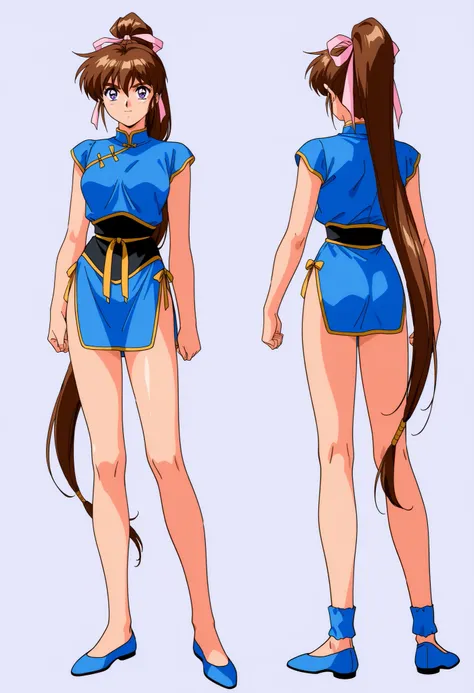 score_9, score_8_up, score_7_up,1990s \(style\),anime coloring,BREAK,1girl, Amatsu_Ai, brown hair, ponytail, very long hair, ribbon, hair ribbon, hair bow, breasts, blue eyes, bangs, purple eyes, high ponytail, full body,BREAK, ( sexy chinese dress  ),BREA...