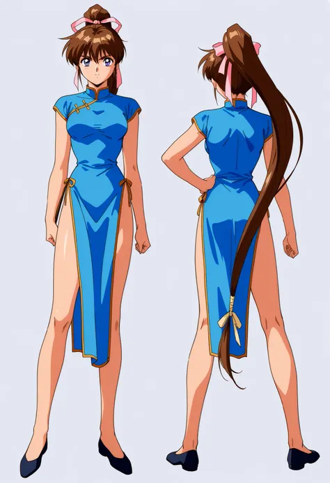 score_9, score_8_up, score_7_up,1990s \(style\),anime coloring,BREAK,1girl, Amatsu_Ai, brown hair, ponytail, very long hair, ribbon, hair ribbon, hair bow, breasts, blue eyes, bangs, purple eyes, high ponytail, full body,BREAK, ( sexy chinese dress  ),BREA...