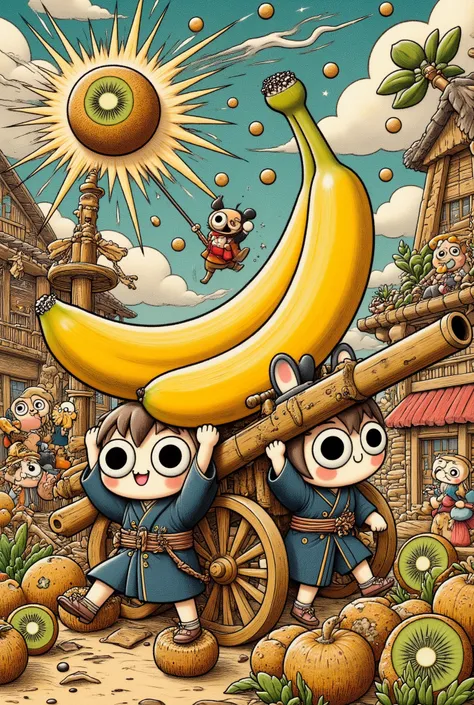 ultra detailed, absolutely resolution, masterpiece, Anthropomorphized French soldiers carrying a cannon made of bananas, a kiwi fruit grenade exploding with seeds flying, fantasy anime images, colorful works, conceptual installation pop art