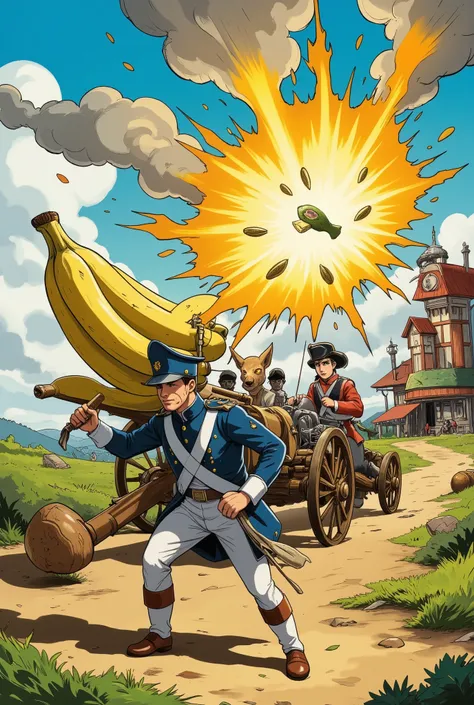 ultra detailed, absolutely resolution, masterpiece, Anthropomorphized French soldiers carrying a cannon made of bananas, a kiwi fruit grenade exploding with seeds flying, fantasy anime images, colorful works, conceptual installation pop art