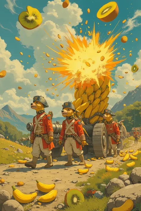 ultra detailed, absolutely resolution, masterpiece, Anthropomorphized French soldiers carrying a cannon made of bananas, a kiwi fruit grenade exploding with seeds flying, fantasy anime images, colorful works, conceptual installation pop art