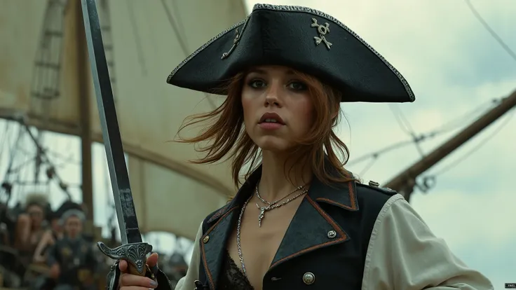 ((((big female pirate, (humid, black chrome fencing sword pointed at viewer, red etching, photorealistic)))), pirate hat), leather vest, chrome rivets, laces, open unbuttoned, leather pants, wind, windy, vivid green eyes, short wavy ginger hair, BREAK, b...