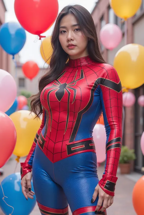 busty curvy super muscular korean female wearing spider-man rubber suit surrounded by balloons