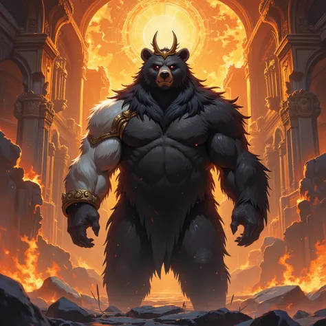 God of Bears. Subtle smerk smile. Standing up. Simplistic natural crown. Dark fur. Light Armored fur. Fire in background. A lot of background details. The bear is far away.