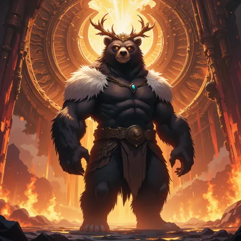 God of Bears. Subtle smerk smile. Standing up. Simplistic natural crown. Dark fur. Light Armored fur. Fire in background. A lot of background details. The bear is far away.