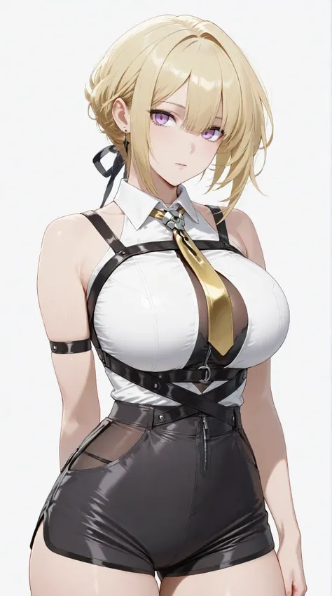 masterpiece, extremely detailed,perfect skin texture,4k,solo,1girl ,evelyn chevalier,full body,
purple eyes, blonde hair, short hair
collared shirt, white shirt, bare shoulders, yellow jewelry, yellow necktie, shorts, arm strap, chest harness,mature,sexy l...