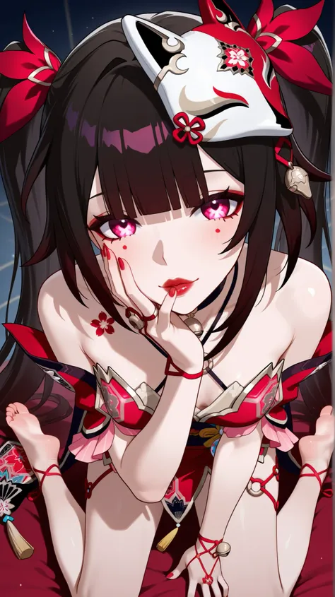 Sexy Sparkle honkai Star rail, slightly lateral view from above, kneeling in a sensual pose, turned to the side with an oblique look at the viewer, hand on the face with a finger on the shiny lips,  black hair, eyes with butterfly-shaped pupil, Beautiful r...