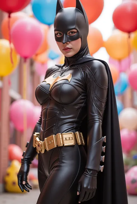 busty curvy super muscular korean female wearing batman rubber suit surrounded by balloons
