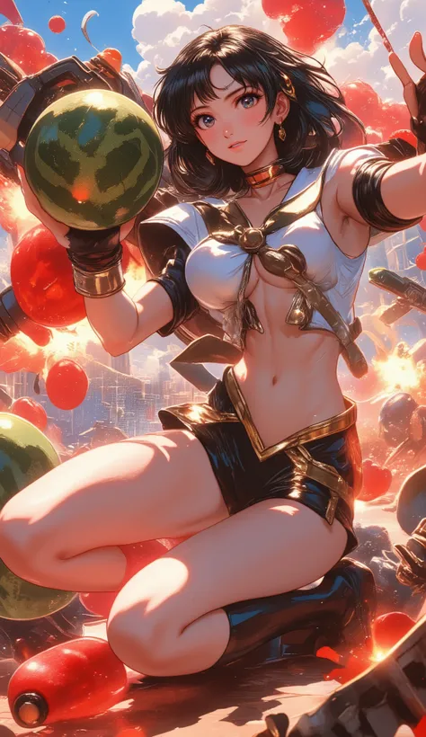 masterpiece, top quality, Great Quality, sexy, erotic, 1 girl, (スレンダー, 巨乳、Sailor Mercury:1.5),fruit weapon, fruit weapons, (watermelon bomb explosion:1.8), (holding a strawberry chainsaw:1.8)