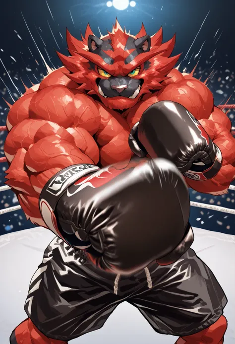 zPDXL3, pov_boxing, mercilessly punching_the_viewer, foreshortening, motion blur, black boxing gloves, black boxing trunks, depth of field, extreme perspective, closeup, action shot, boxing, dynamic punching pose, motion lines, impact lines, mercilessly p...