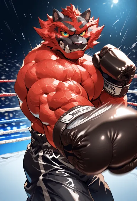 zPDXL3, pov_boxing, mercilessly punching_the_viewer, foreshortening, motion blur, black boxing gloves, black boxing trunks, depth of field, extreme perspective, closeup, action shot, boxing, dynamic punching pose, motion lines, impact lines, mercilessly p...