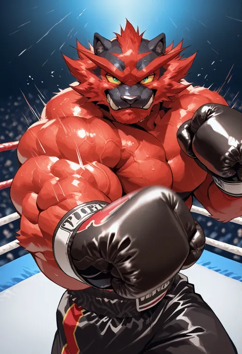 zPDXL3, pov_boxing, mercilessly punching_the_viewer, foreshortening, motion blur, black boxing gloves, black boxing trunks, depth of field, extreme perspective, closeup, action shot, boxing, dynamic punching pose, motion lines, impact lines, mercilessly p...