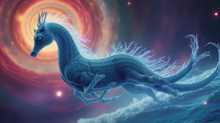 A mesmerizing, high-definition visual masterpiece depicts a seahorse-like entity galloping through the cosmos on a trail of twinkling stars. Against a vibrant backdrop of swirling spiral galaxies and fractal rectangles, this psychedelic space scene bursts ...