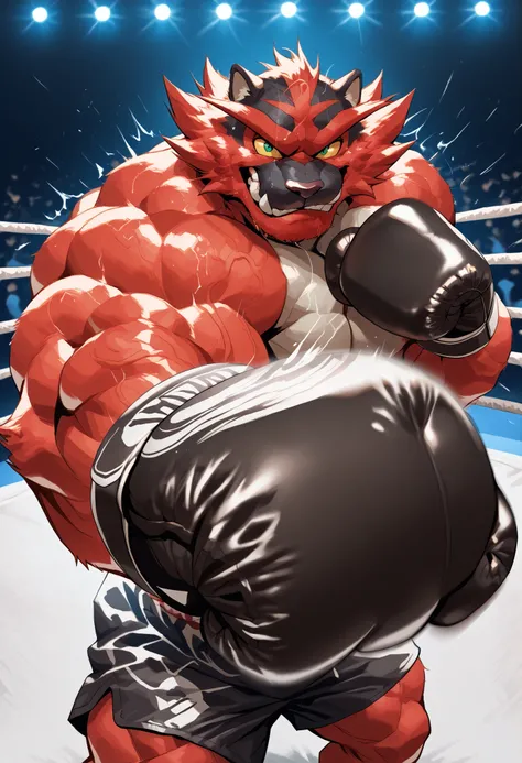zPDXL3, pov_boxing, mercilessly punching_the_viewer, foreshortening, motion blur, black boxing gloves, black boxing trunks, depth of field, extreme perspective, closeup, action shot, boxing, dynamic punching pose, motion lines, impact lines, mercilessly p...