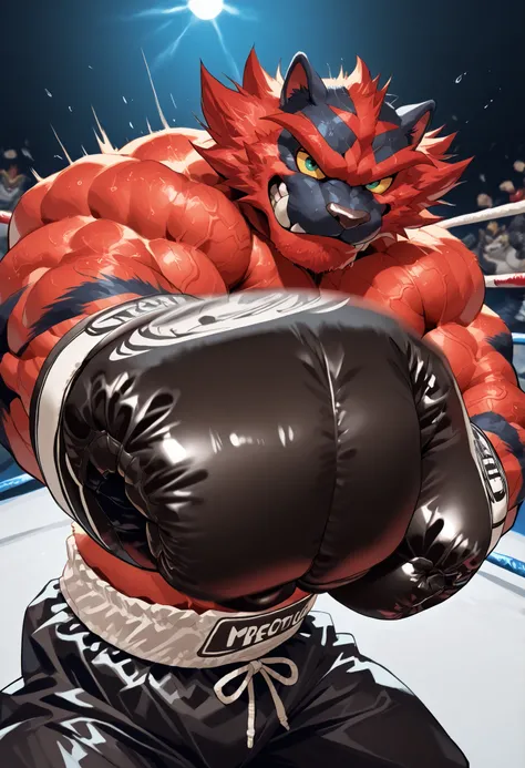 zPDXL3, pov_boxing, mercilessly punching_the_viewer, foreshortening, motion blur, black boxing gloves, black boxing trunks, depth of field, extreme perspective, closeup, action shot, boxing, dynamic punching pose, motion lines, impact lines, mercilessly p...