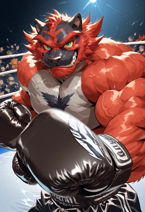 zPDXL3, pov_boxing, mercilessly punching_the_viewer, foreshortening, motion blur, black boxing gloves, black boxing trunks, depth of field, extreme perspective, closeup, action shot, boxing, dynamic punching pose, motion lines, impact lines, mercilessly p...